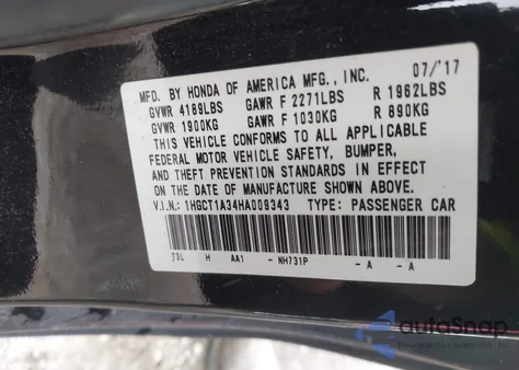 2017 Honda Accord Lx-S from USA, damaged, VIN 1HGCT1A34HA009343